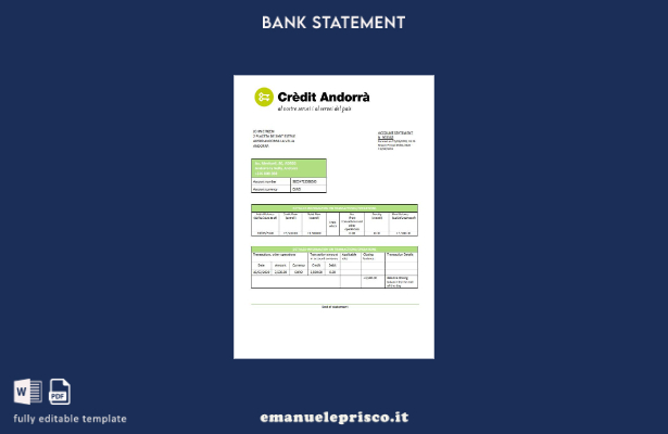 modello di estratto conto bancario Andorra Credit Andorra in stile verificato